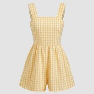 100% Cotton Square Neck Gingham Bowknot Romper